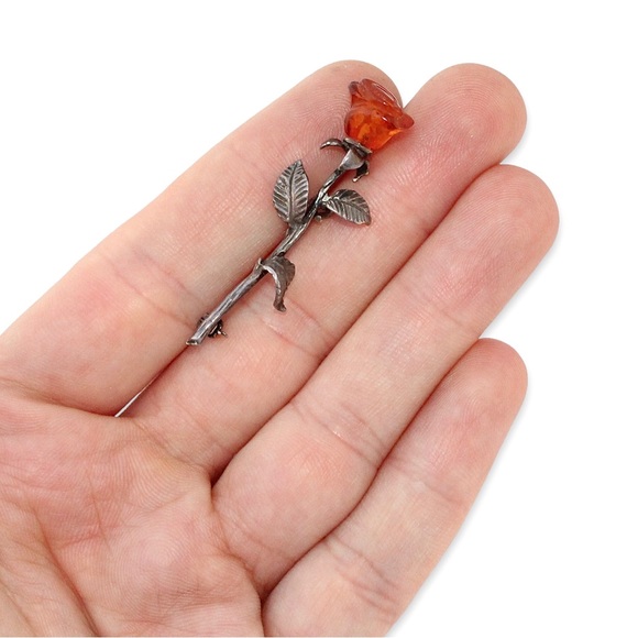 Vintage Baltic Amber Sterling Silver Rose Brooch Carved Flower Long Stem Pin - Picture 4 of 4